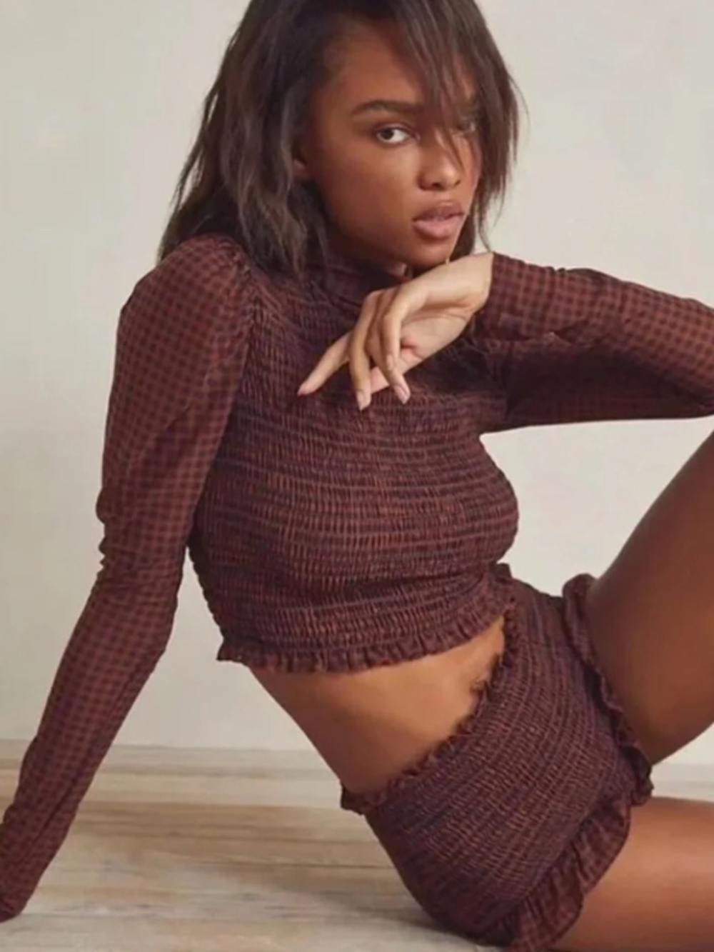 Free People Intimately Smocked Mesh Top & Shorts Set Gingham XS
